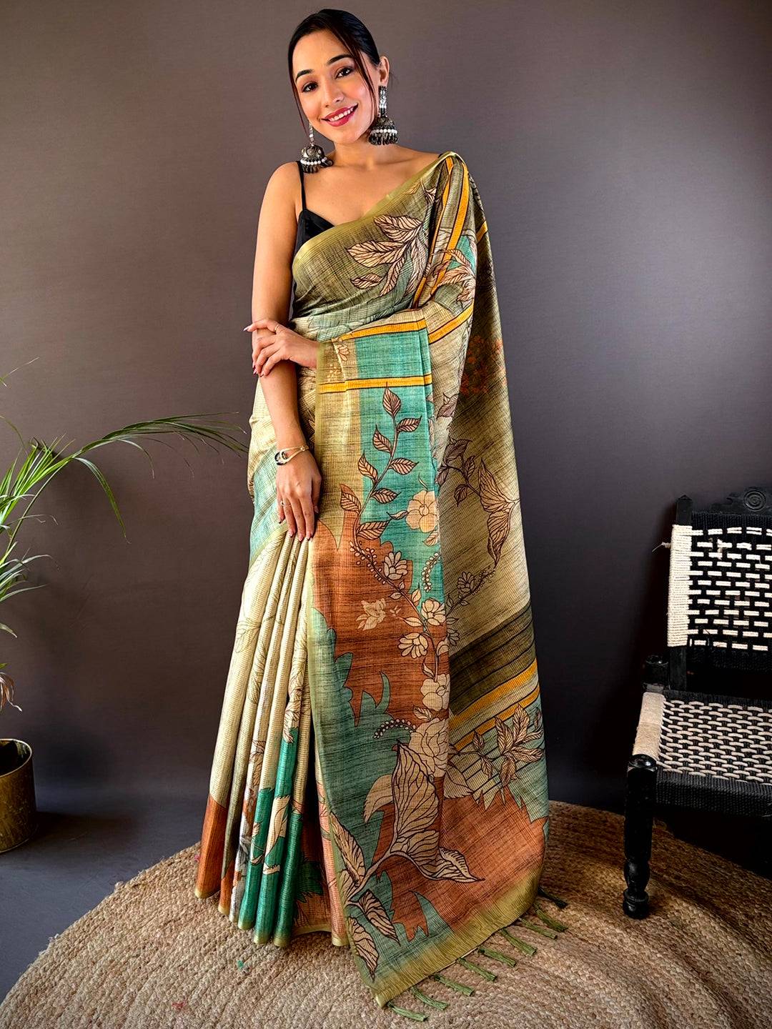 Green Abstract Floral Zari Tussar Saree by My Store
