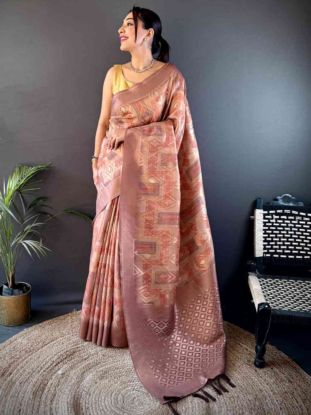 Brown Banarasi Silk Katan Geometric Saree by My Store