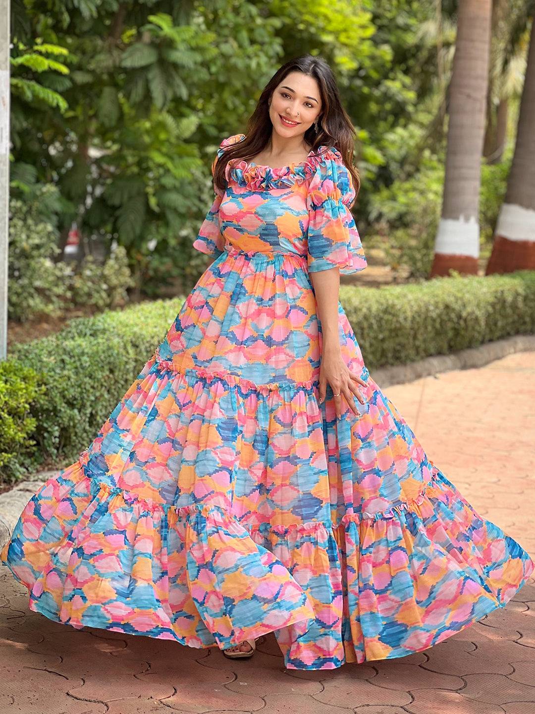 Versatile Print Frill Neck Dress