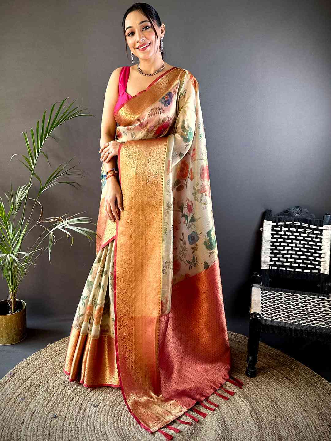 Beige Floral Gold Zari Tissue Saree