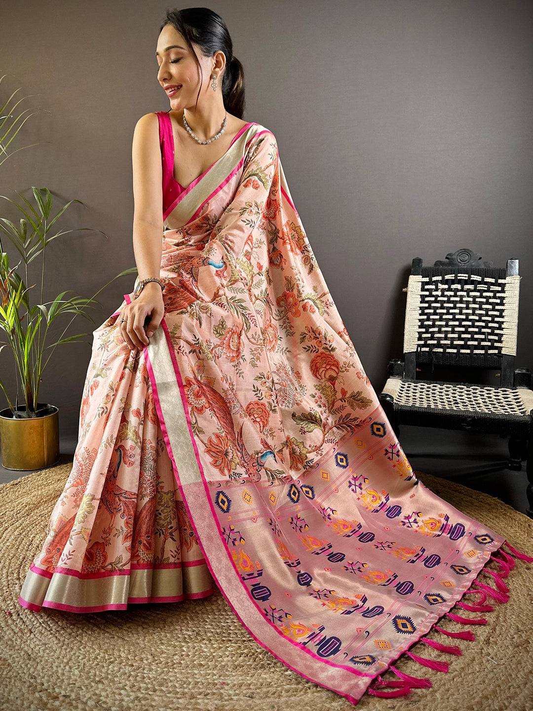 Peach Radiance Phulkari Silk Saree by My Store