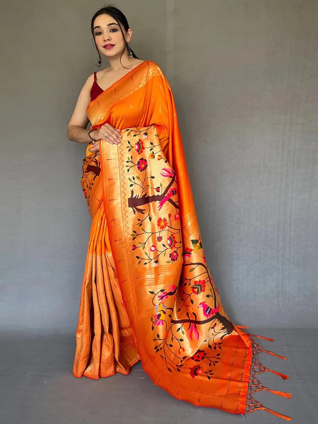Orange Paithani Big Border Zari Woven Saree by My Store