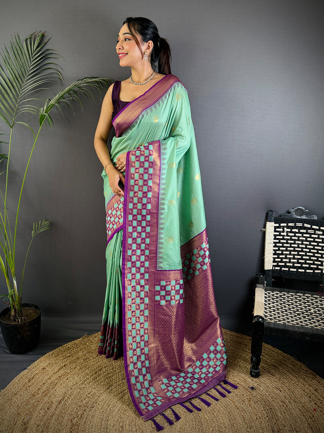 Royal Minakari Chess Border Soft Silk Saree by My Store
