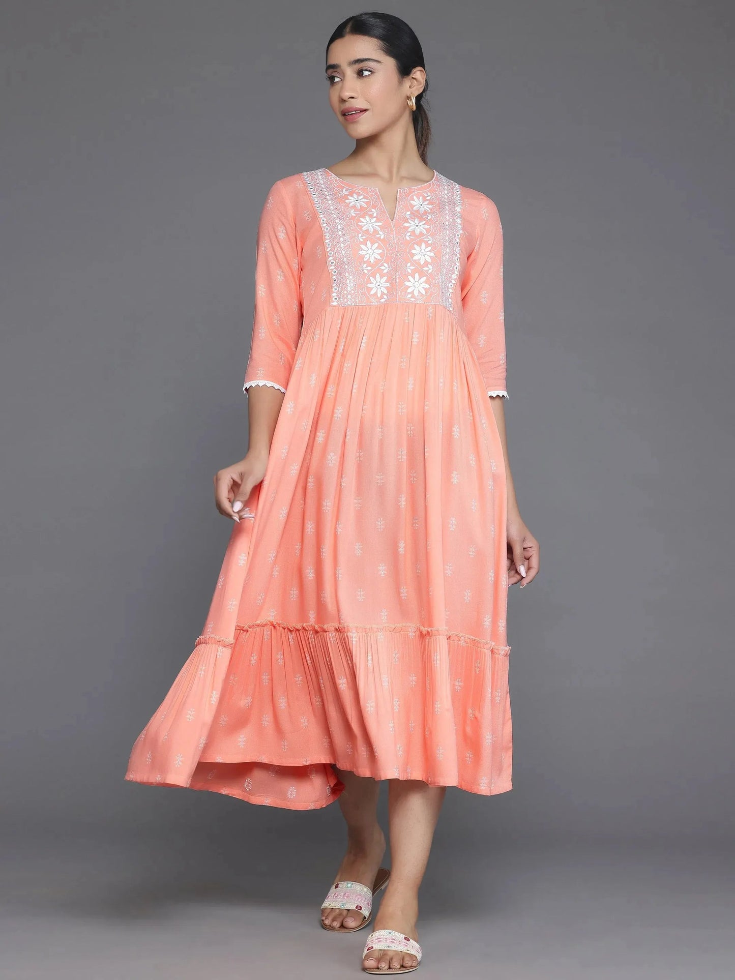 Peach Self Design Viscose Rayon A-Line Dress by My Store