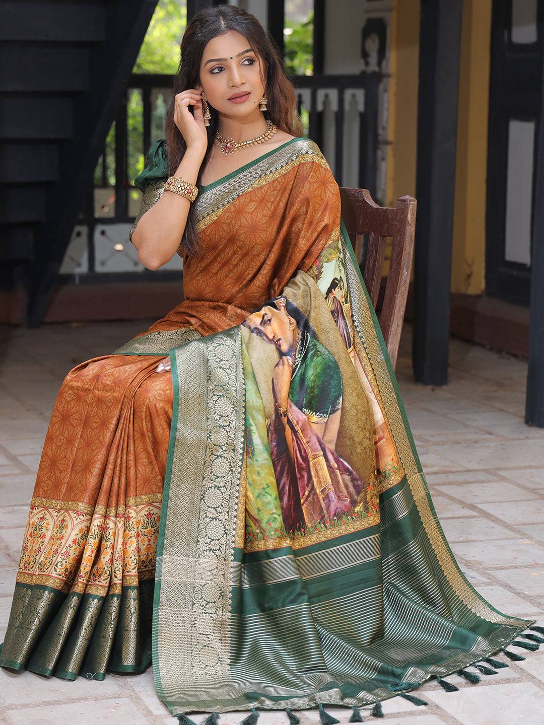 Brown Pure Viscose Dola Silk Saree With Kalamkari And Mughal Print - Luxe by My Store