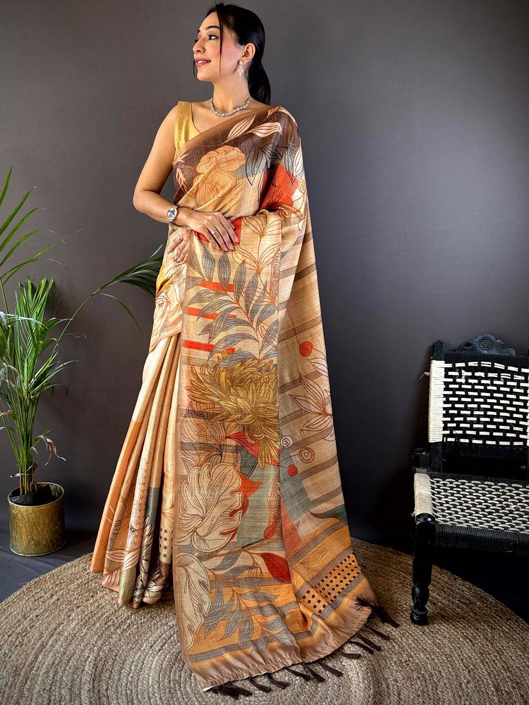 Beige Tussar Silk Floral Prints Saree