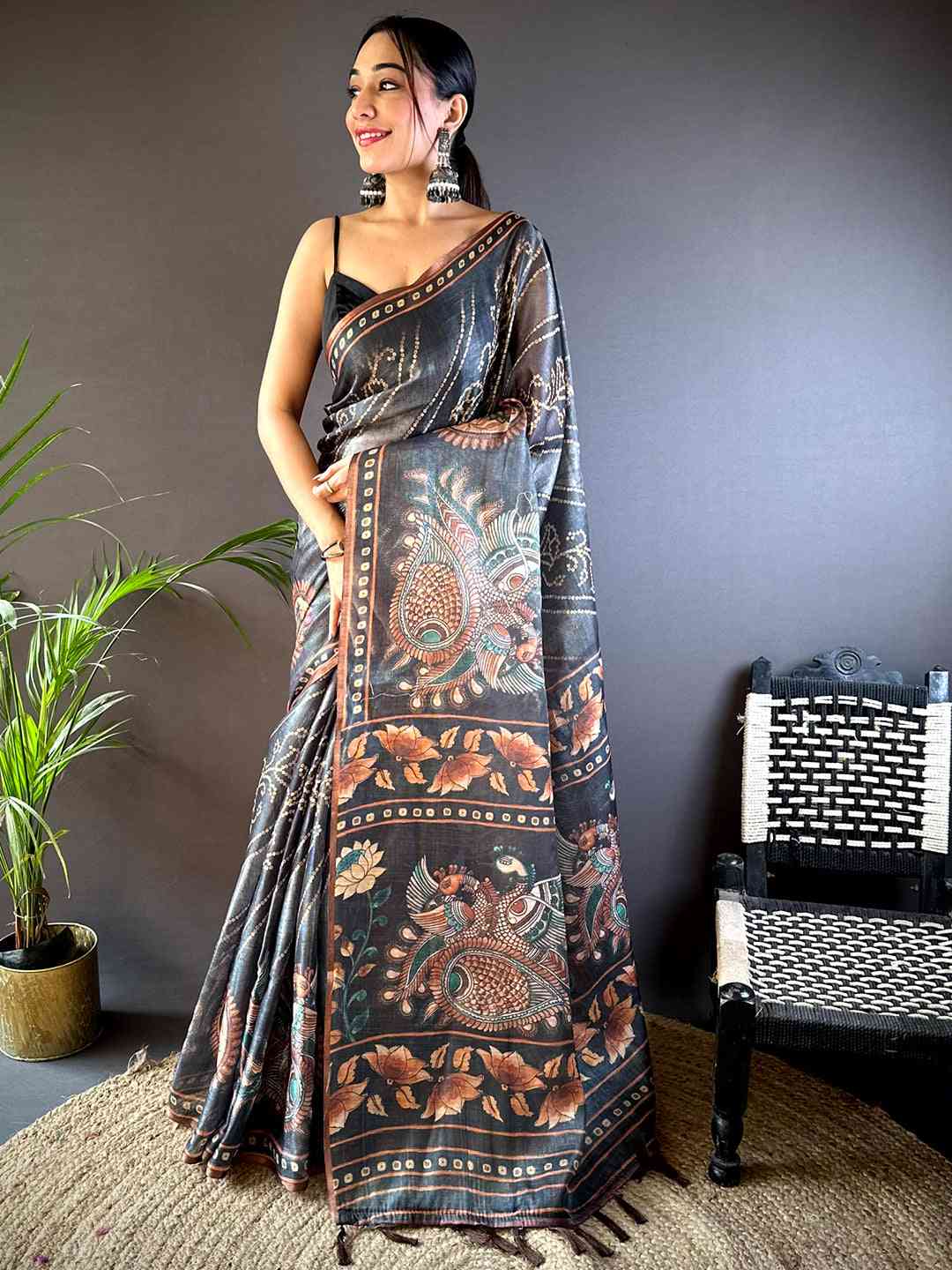 Grey Chanderi Bandhej Digital Print Saree by My Store