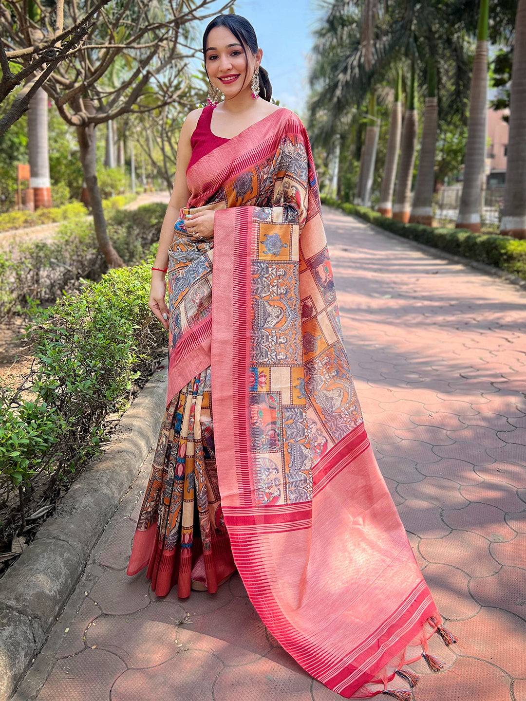 Bollywood Slub Tussar Silk Madhubani Kalamkari Block Print Saree by My Store