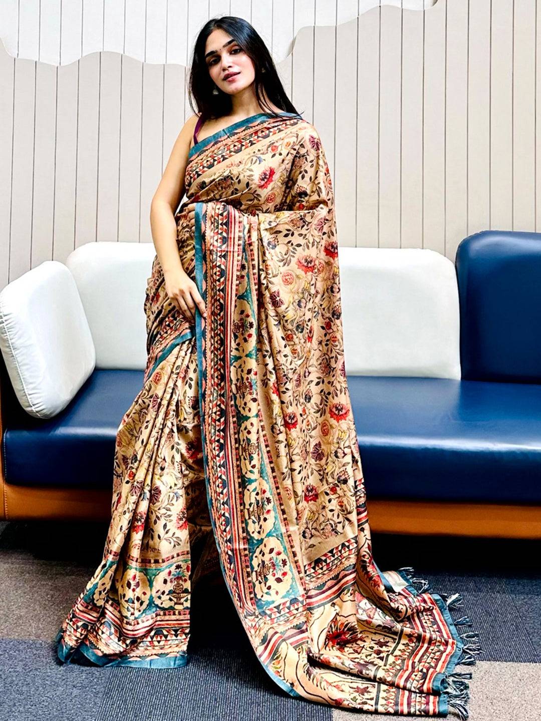 Chiku Tussar Silk Flower Pashmina Print Saree by My Store
