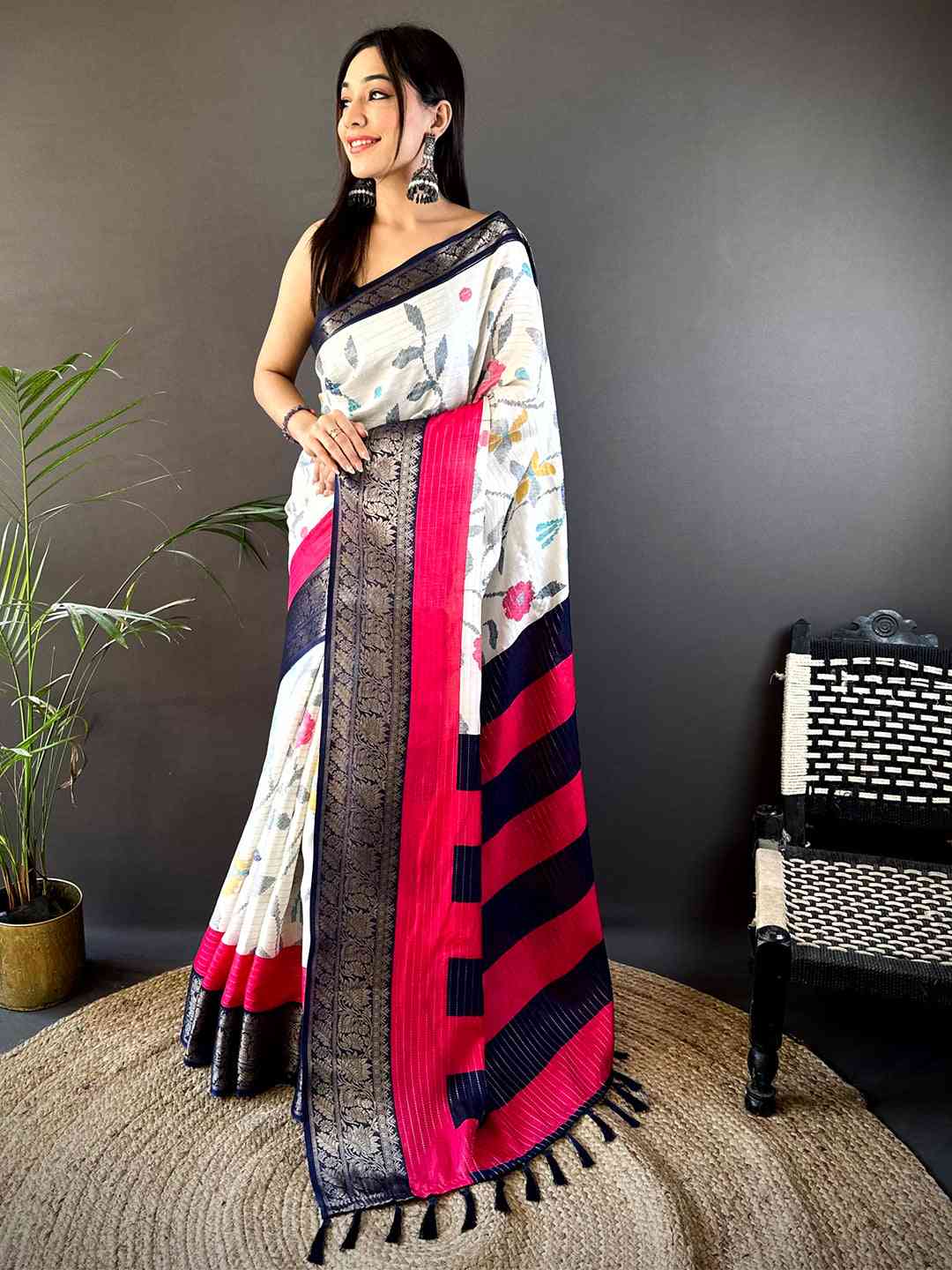 Navy Dola Silk Bird Print Saree by My Store