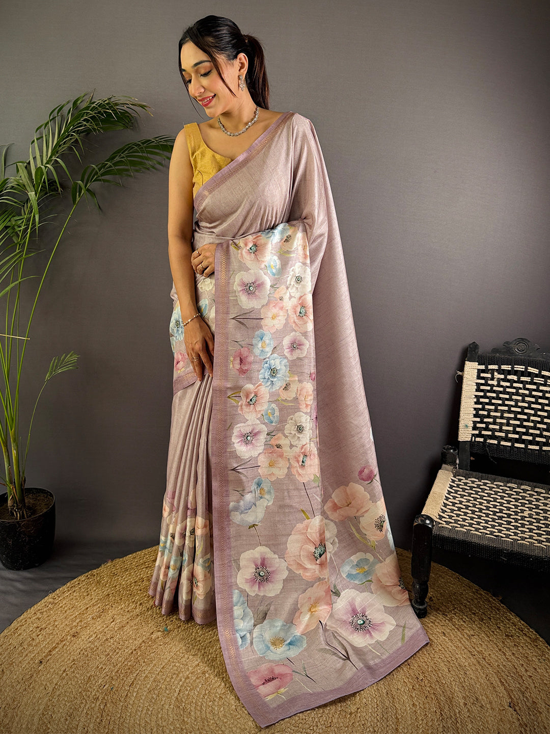 Light Purple Tussar Ghicha Silk Saree by My Store