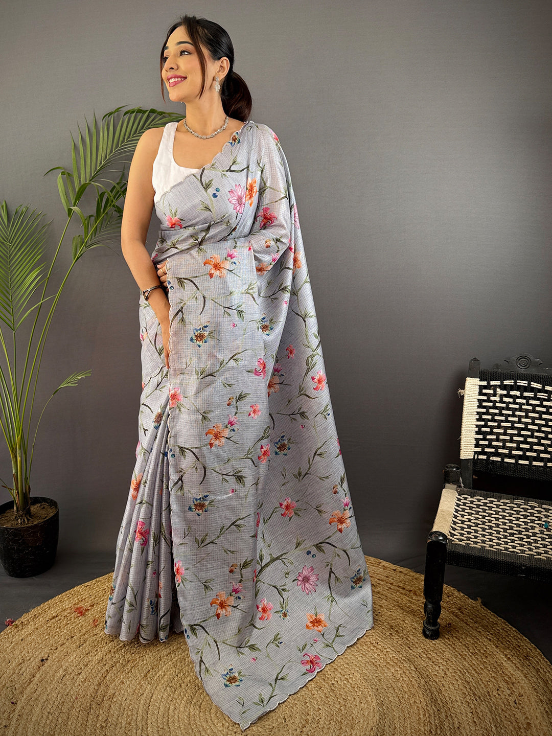 Grey Soft Kota Floral Print Saree by My Store