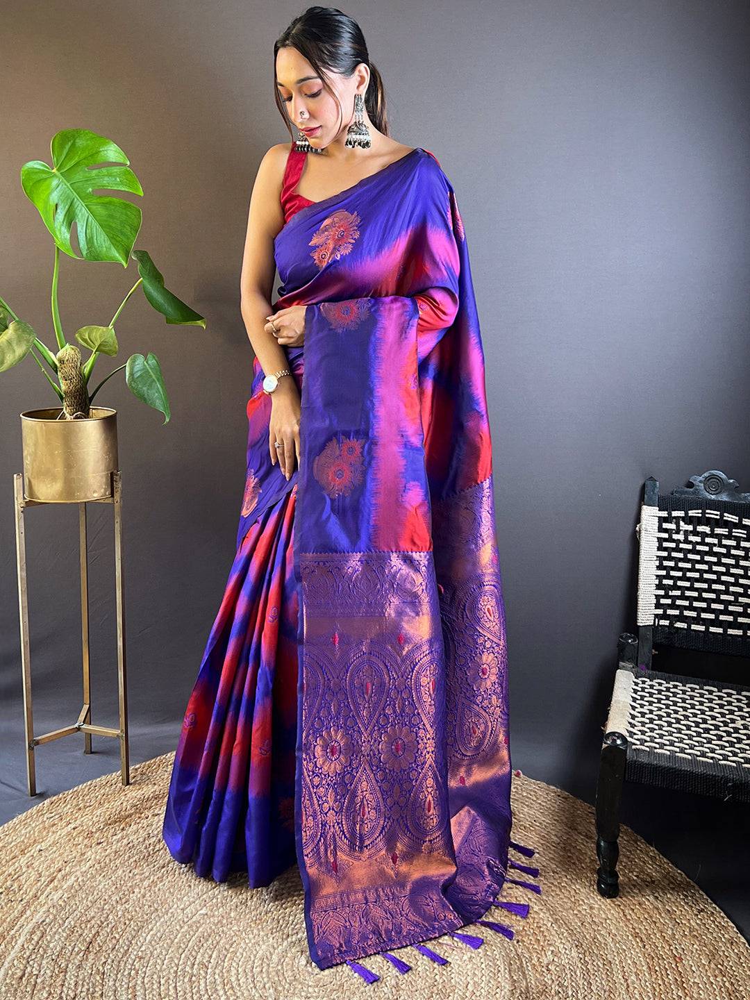 Rose Red Tussar Silk Ikkat Weaving Saree by My Store