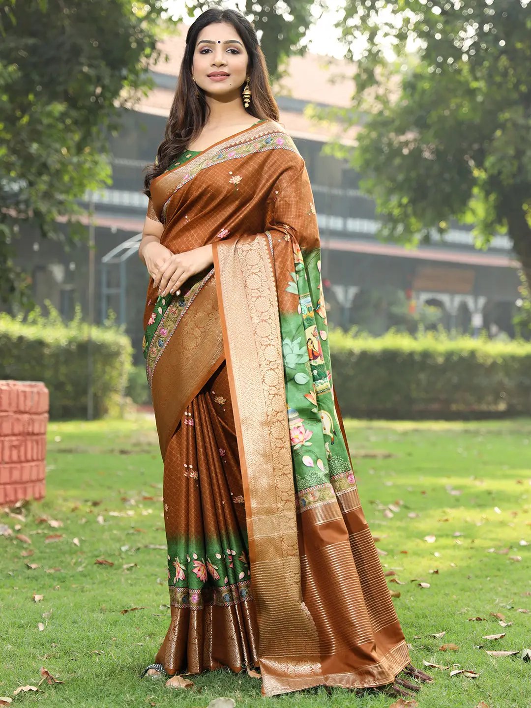 Brown Colour Pure Viscose Dola Silk Saree with Pichwai Kalamkari Print - Luxe by My Store