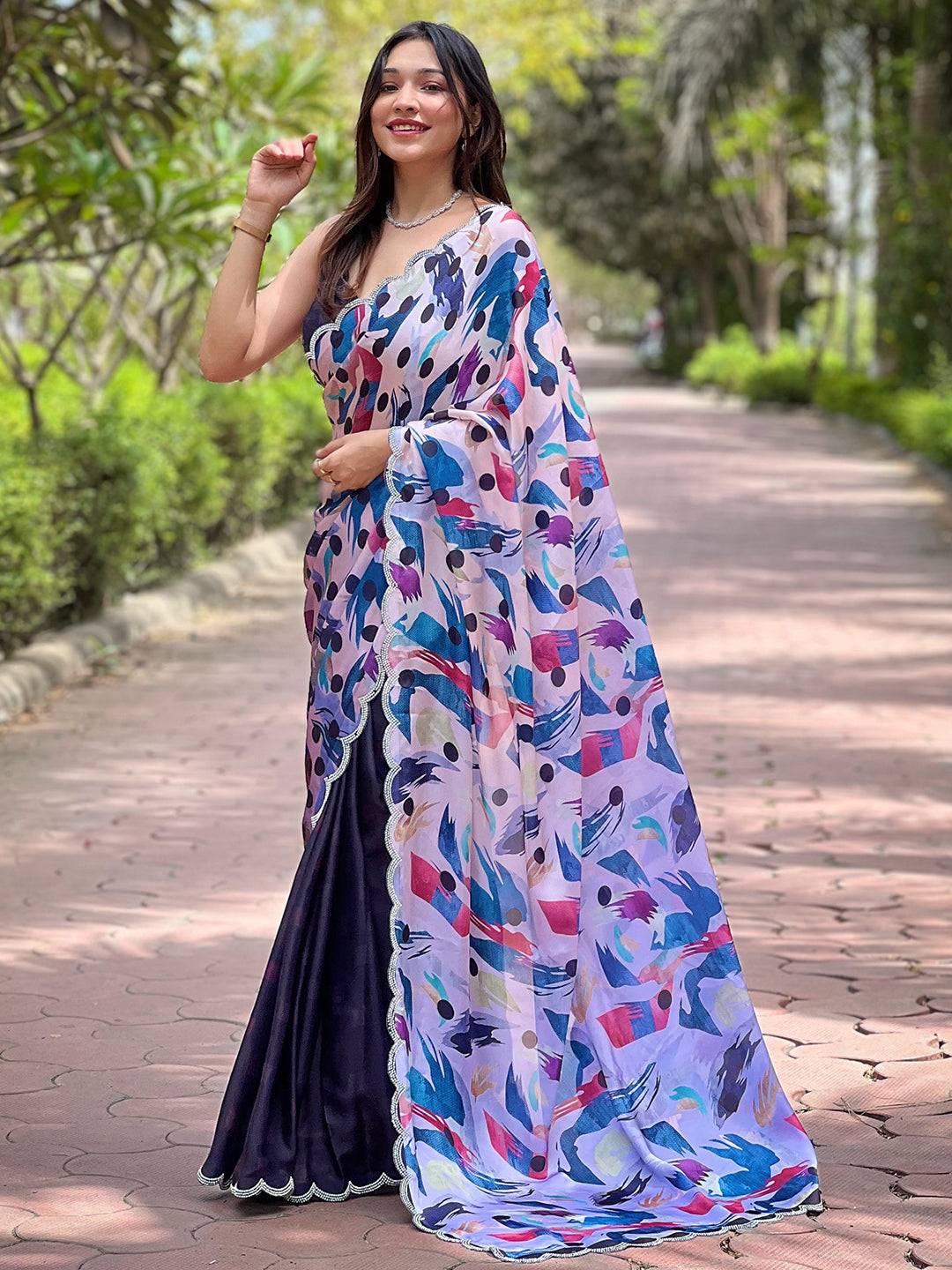 Navy Batik And Polka Dots Print Saree by My Store
