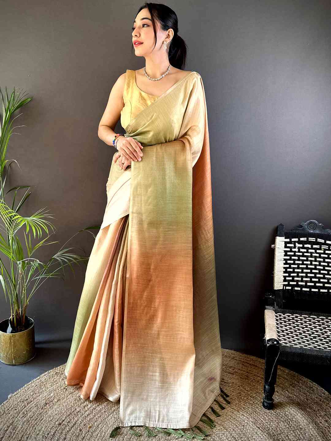 Beige Ombre Chanderi Tissue Saree