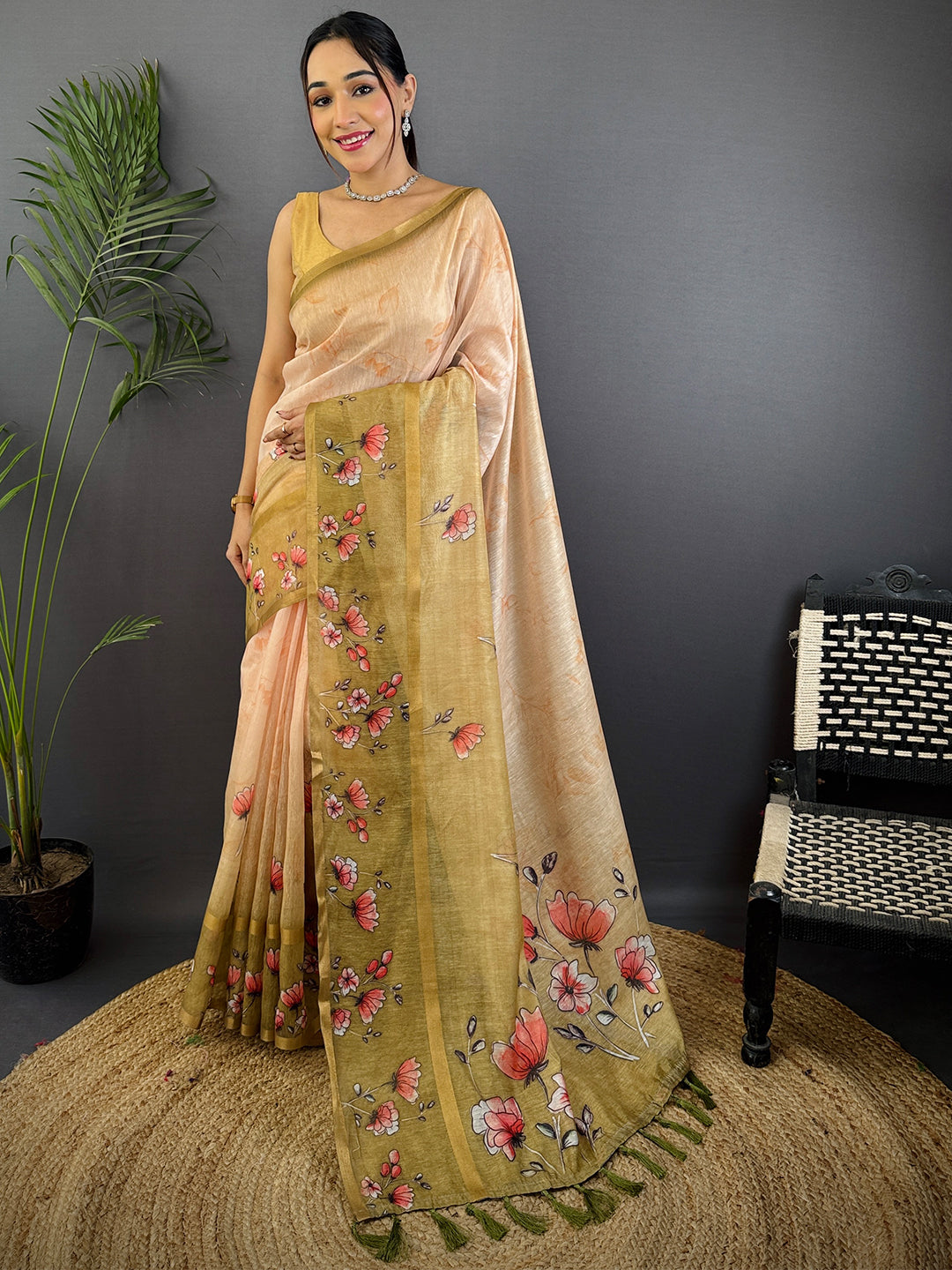 Olive Linen Chanderi Floral Print Saree by My Store