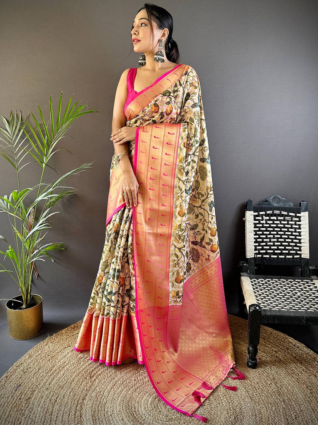 Off White Paithani Kora Silk Saree by My Store