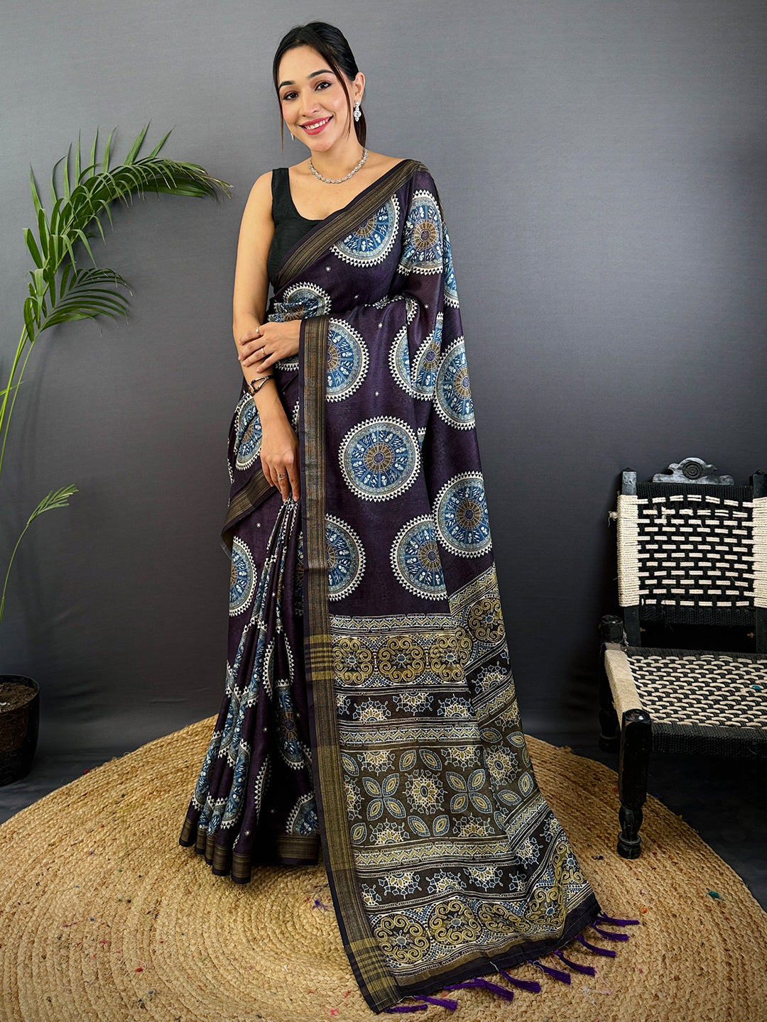 Dark Purple Linen Ajarak Print Saree by My Store