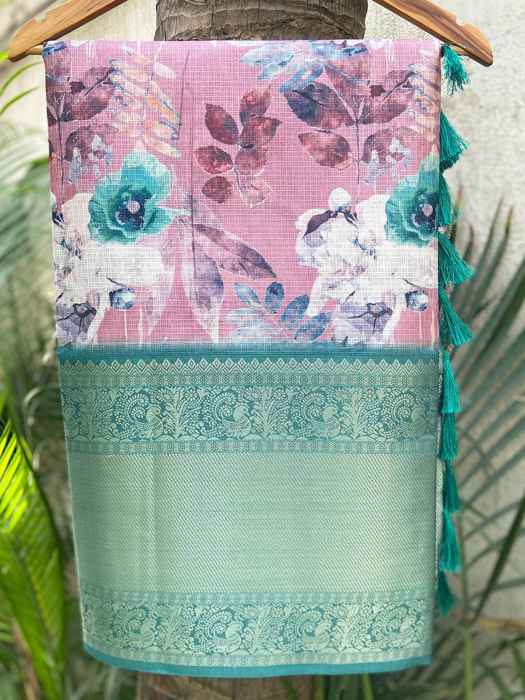 Dark Pink Kota Doriya Saree With Kanjivaram Gold Zari Border by My Store