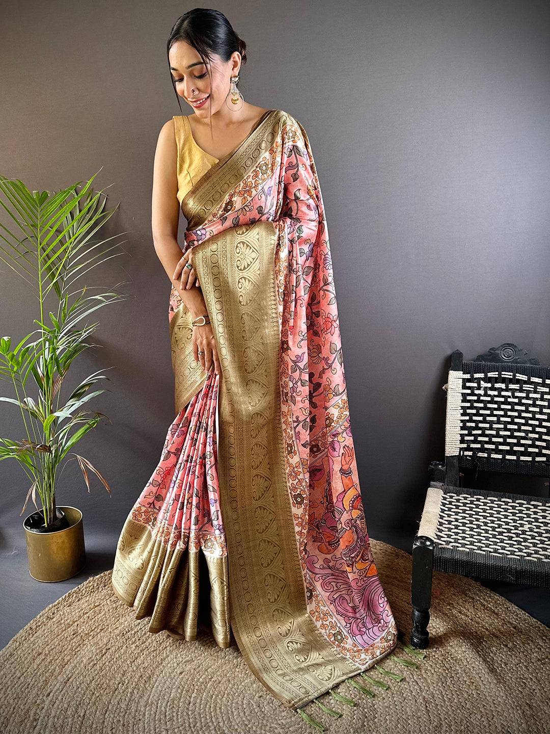 Peach Floral Kalamkari Print Saree by My Store