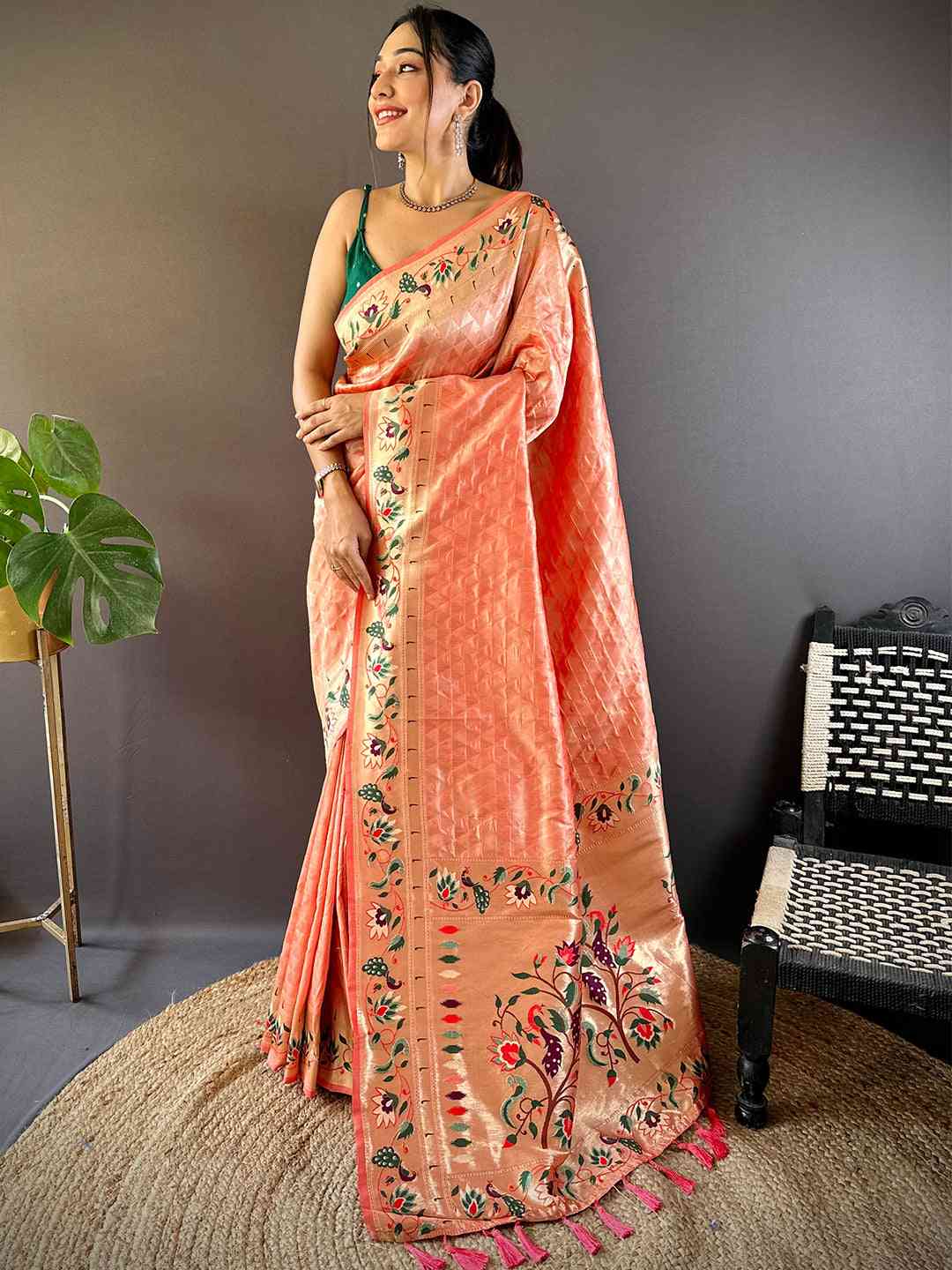 Peach Silk Blend Woven Zari Work Paithani Saree by My Store