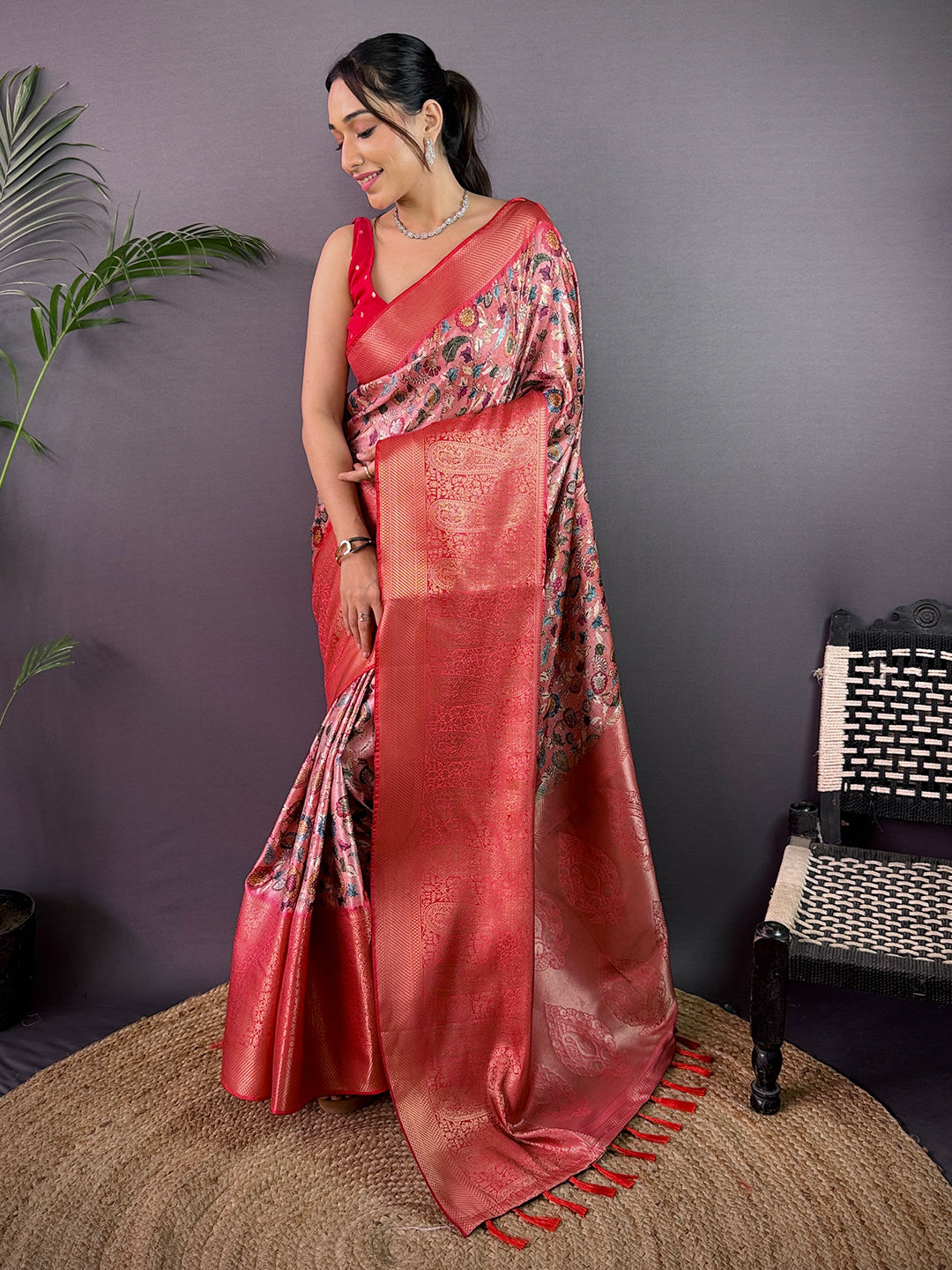 Coral Red Cherry Satin Kalamkari Saree by My Store
