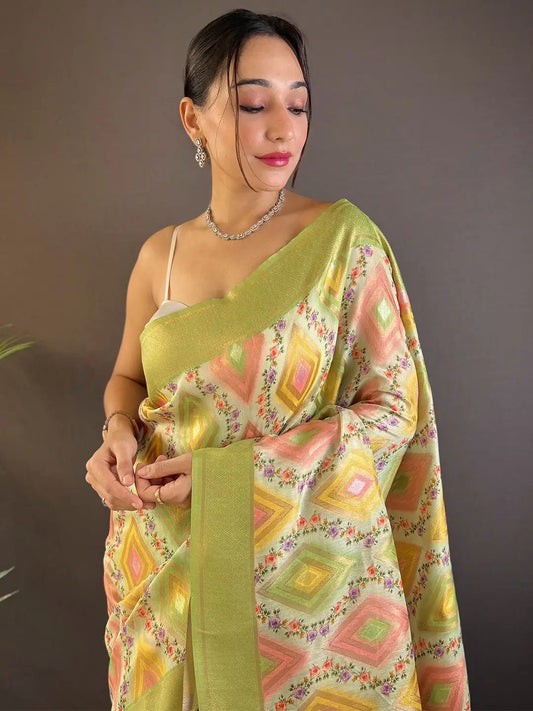 Jade Green Flower Vely Print Saree by My Store
