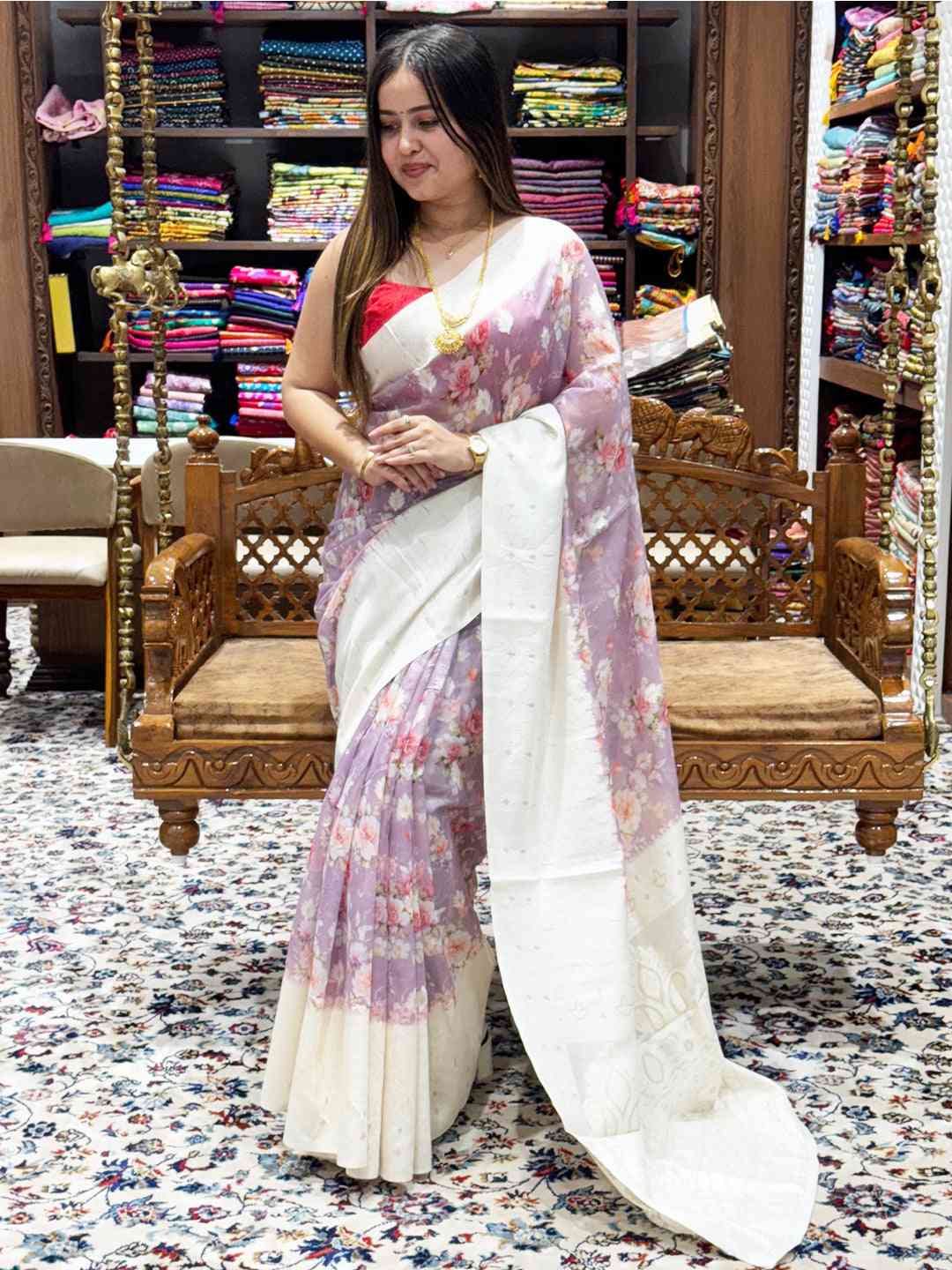 Violet Colour Digital Print Bollywood Crash Saree in Lakhnavi Slub Pattern