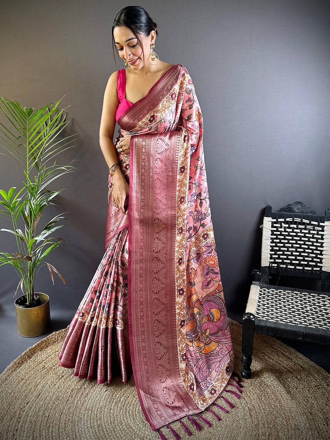 Rose Pink Floral Kalamkari Print Saree by My Store