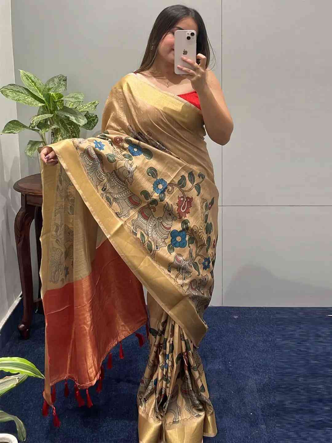 Incredible Pen Kalamkari Linen Tissue Soft Saree by My Store