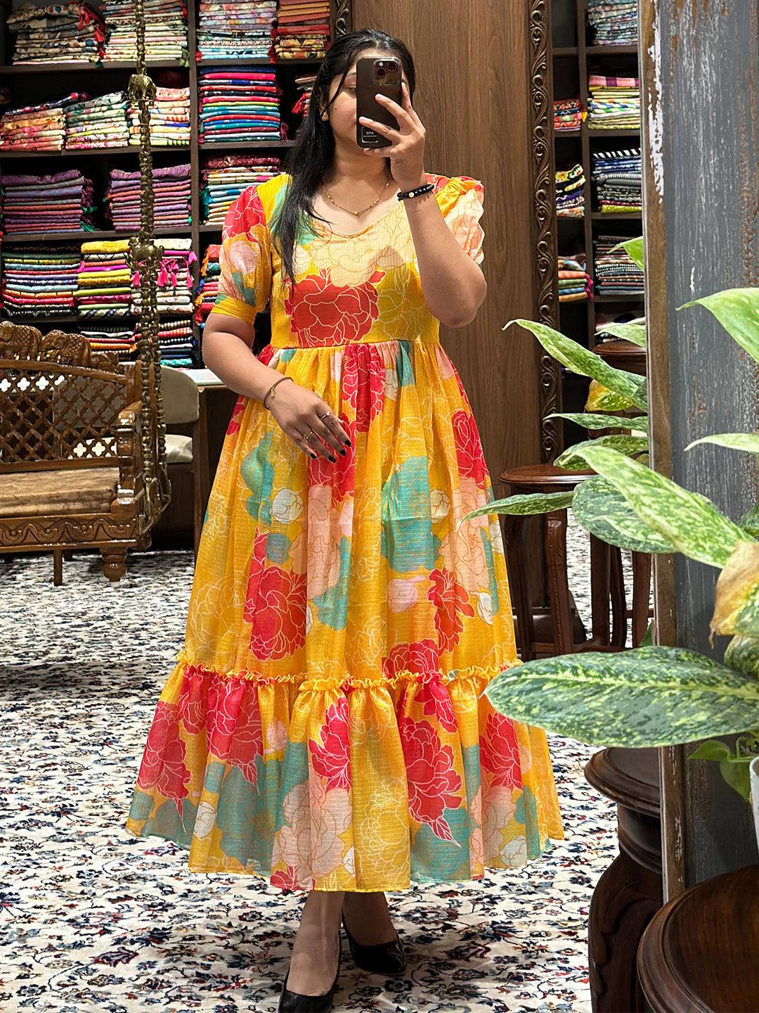 Daylily Yellow V Neck Midi Dress