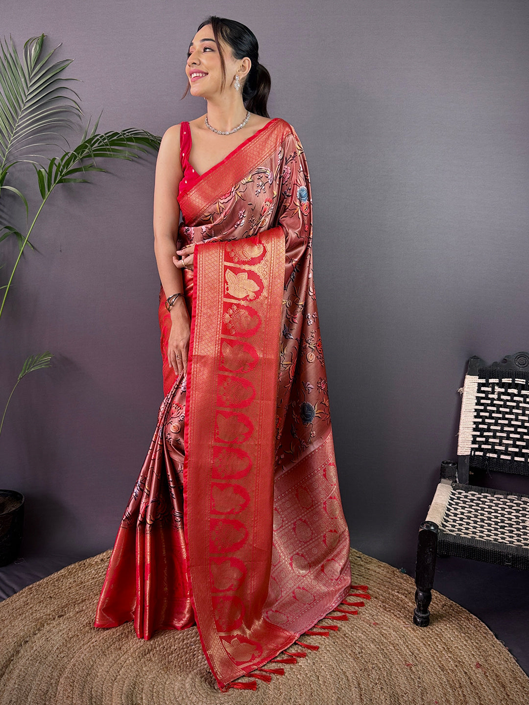 Ethereal Soft Cherry Satin Kalamkari Print Saree by My Store