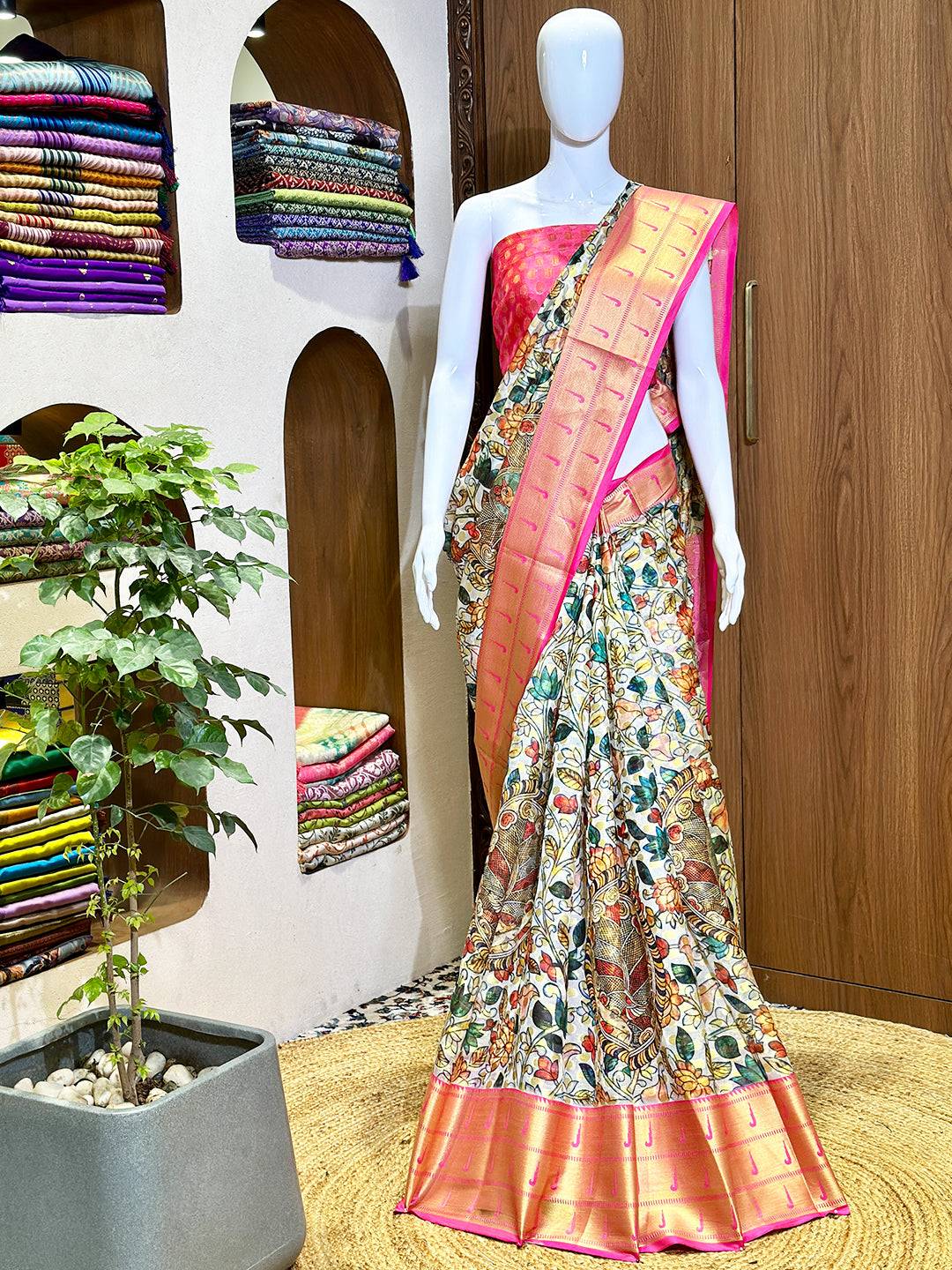 Kalamkari Silk Saree With Pink-Gold Border by My Store