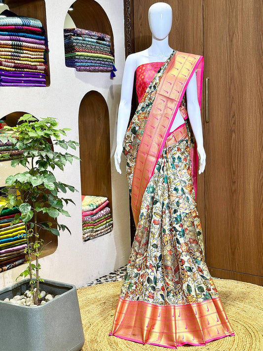 Kalamkari Silk Saree With Pink-Gold Border by My Store