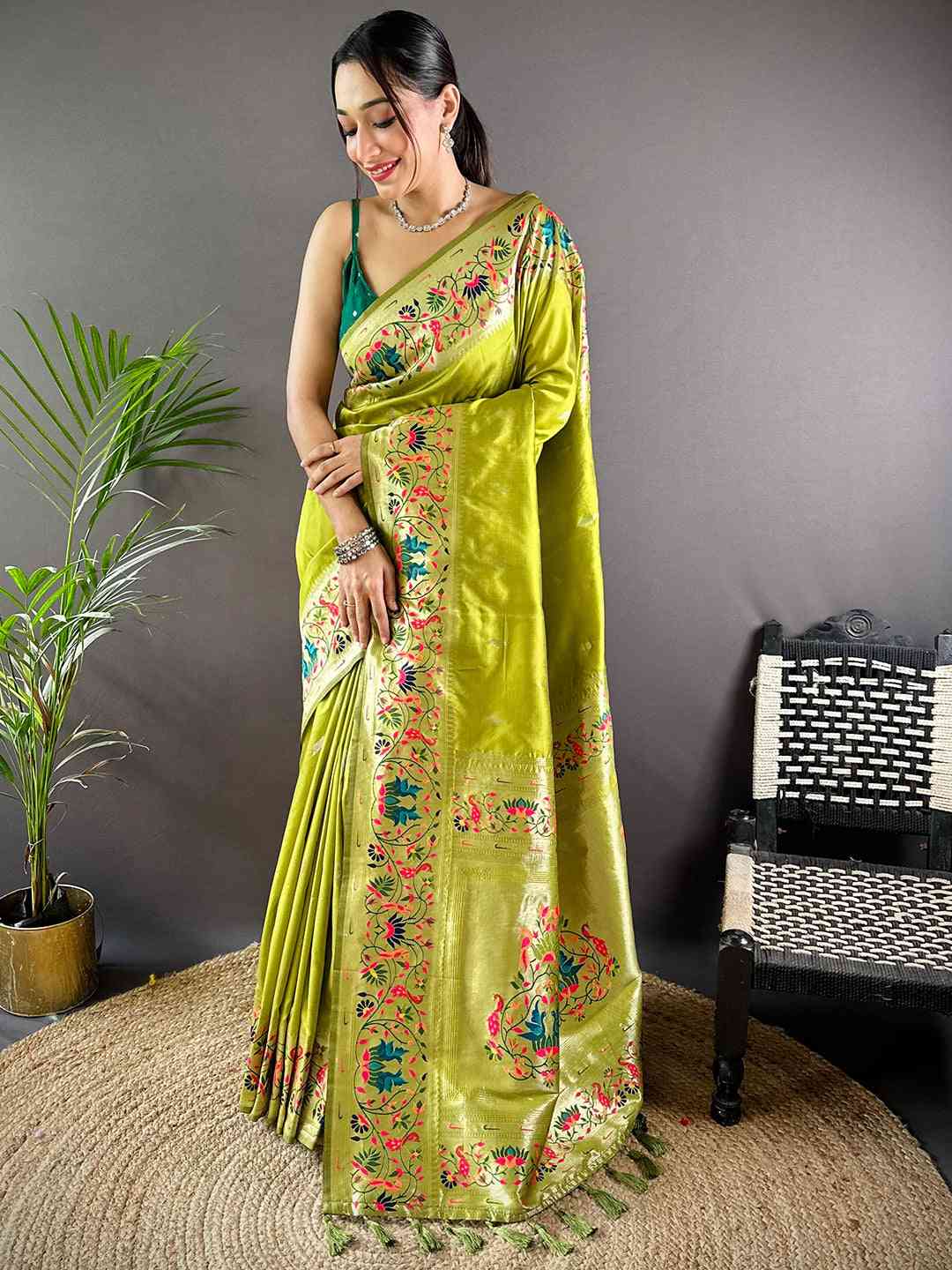 Pista Yevla Paithani Meenakari Saree