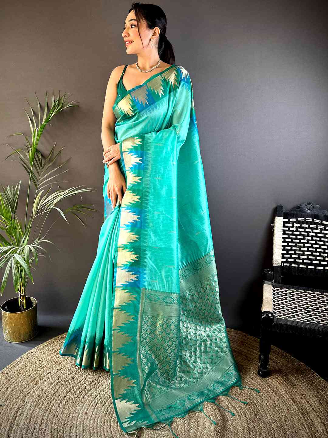 Sky Blue Banarasi Raw Silk Ikkat Saree by My Store
