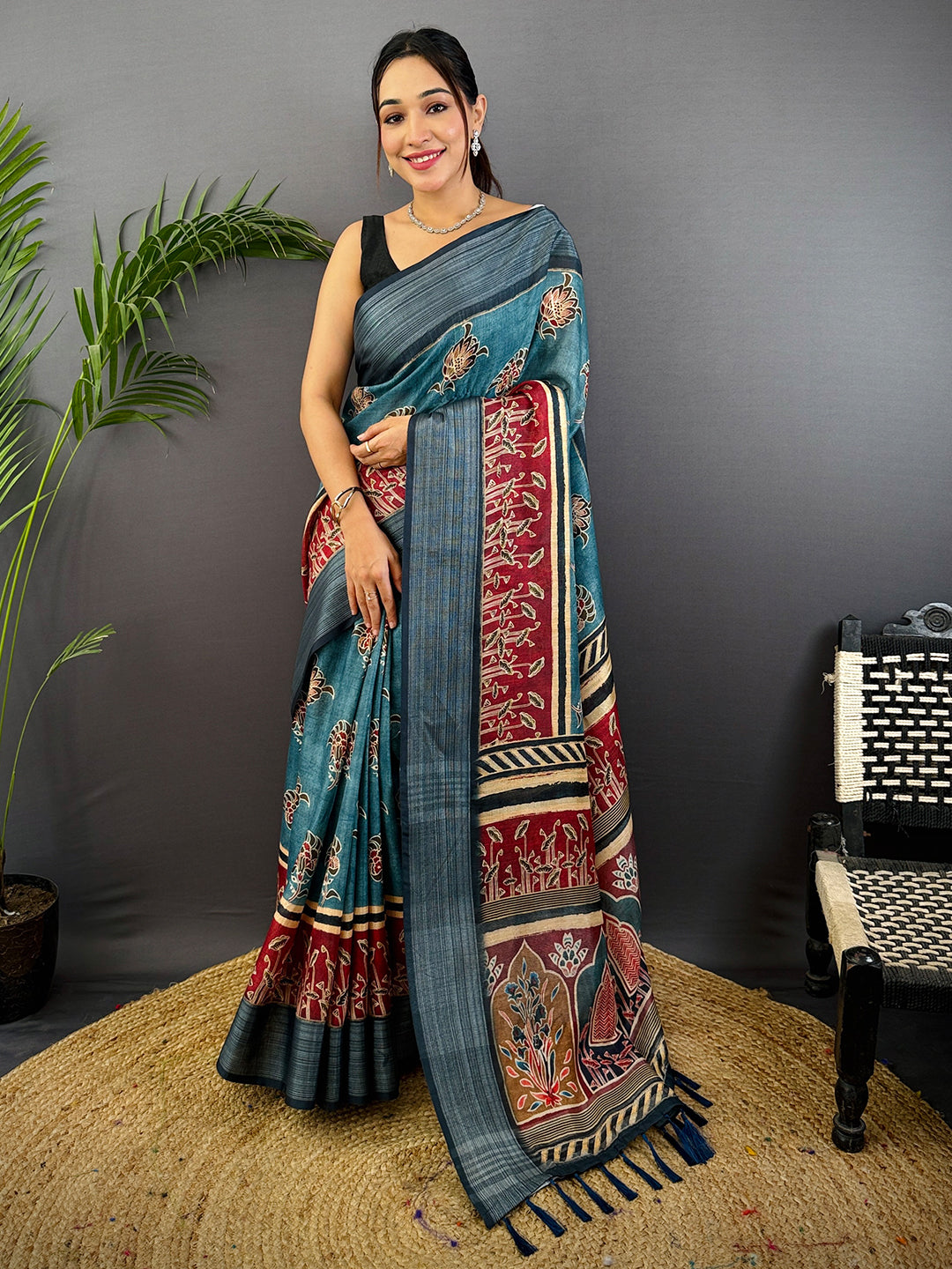 Teal Linen Block Kalamkari Print Saree by My Store