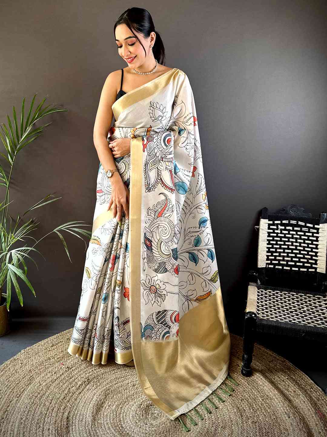 Radiant Pen Kalamkari Soft Tissue Silk Saree by My Store