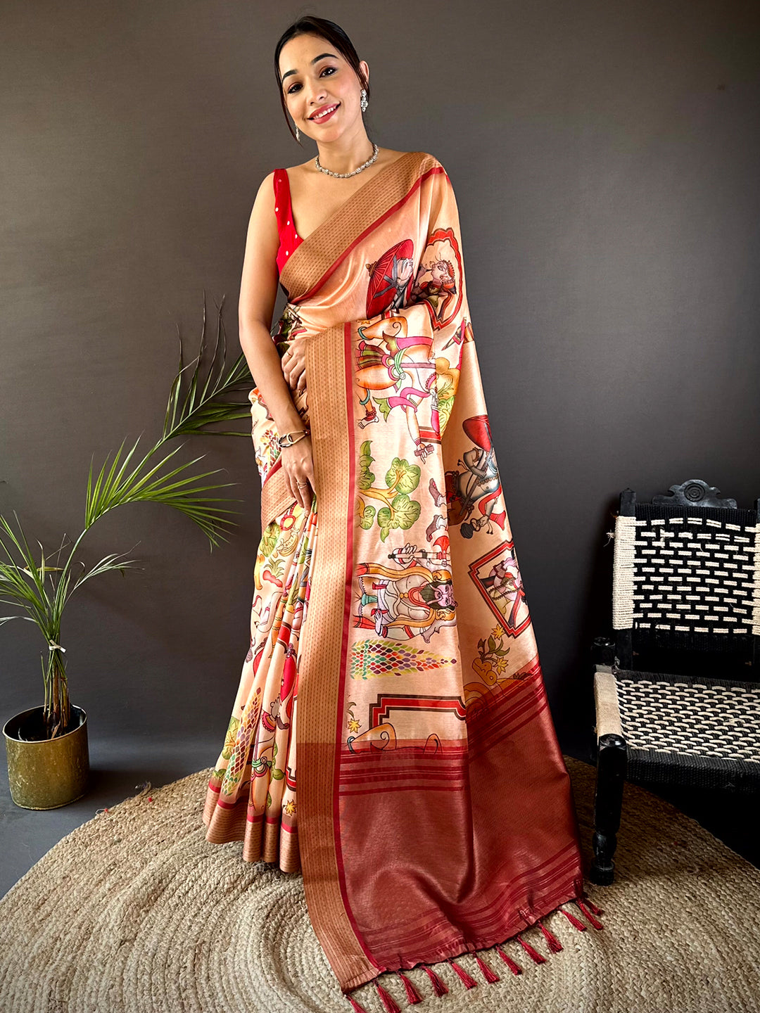 Peach Digital Kalamkari Printed Tussar Silk Saree by My Store
