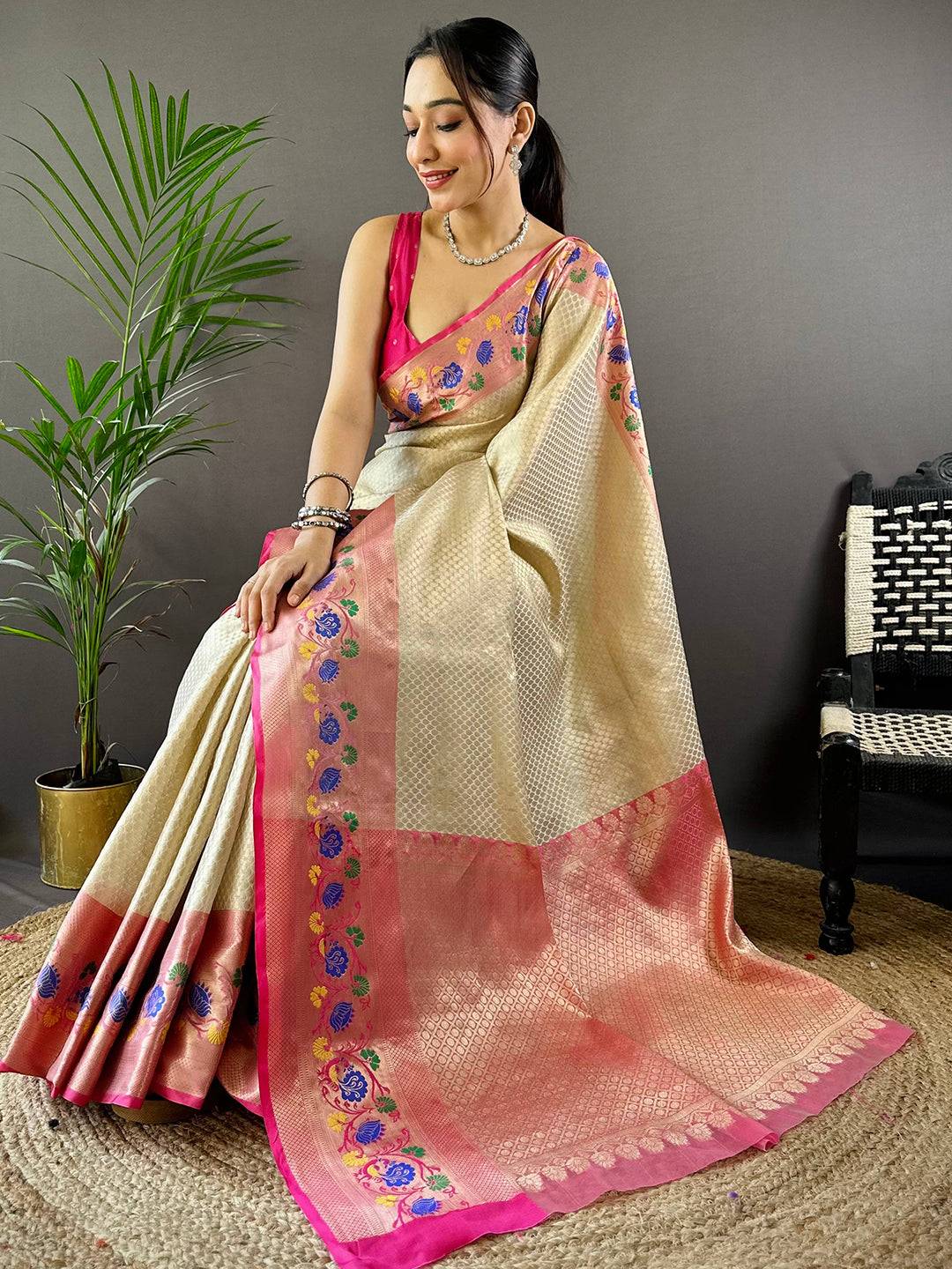 Radiant Floral Banarasi Kora Silk Saree by My Store