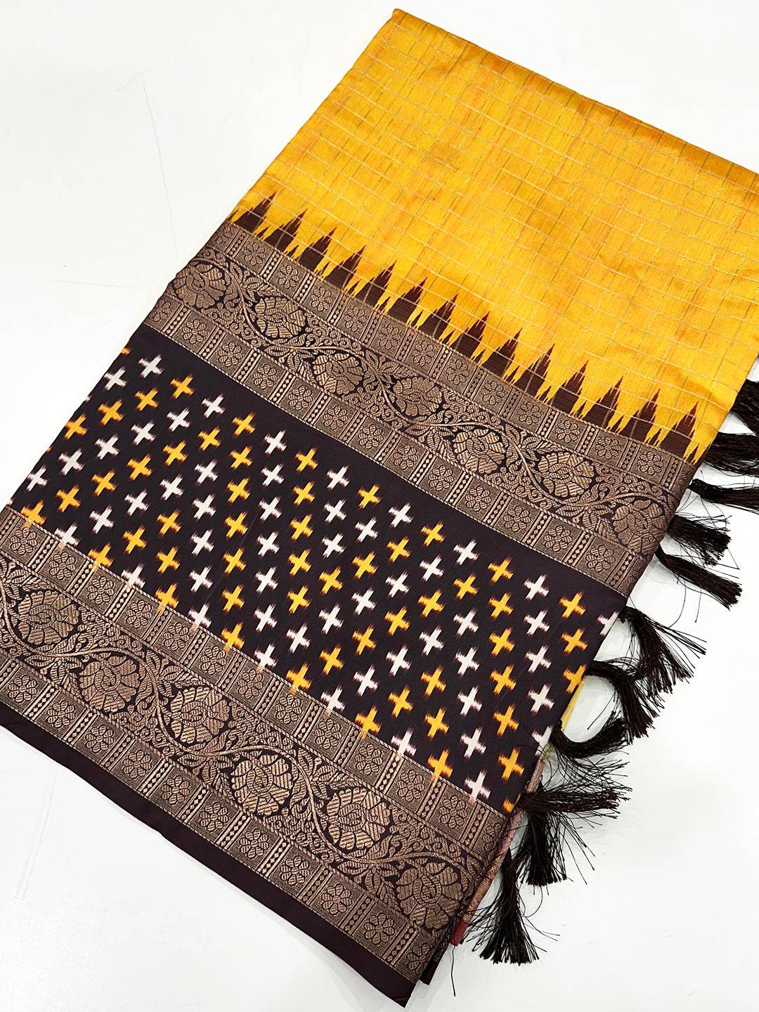 Yellow Chex Ikkat Saree With Double Border