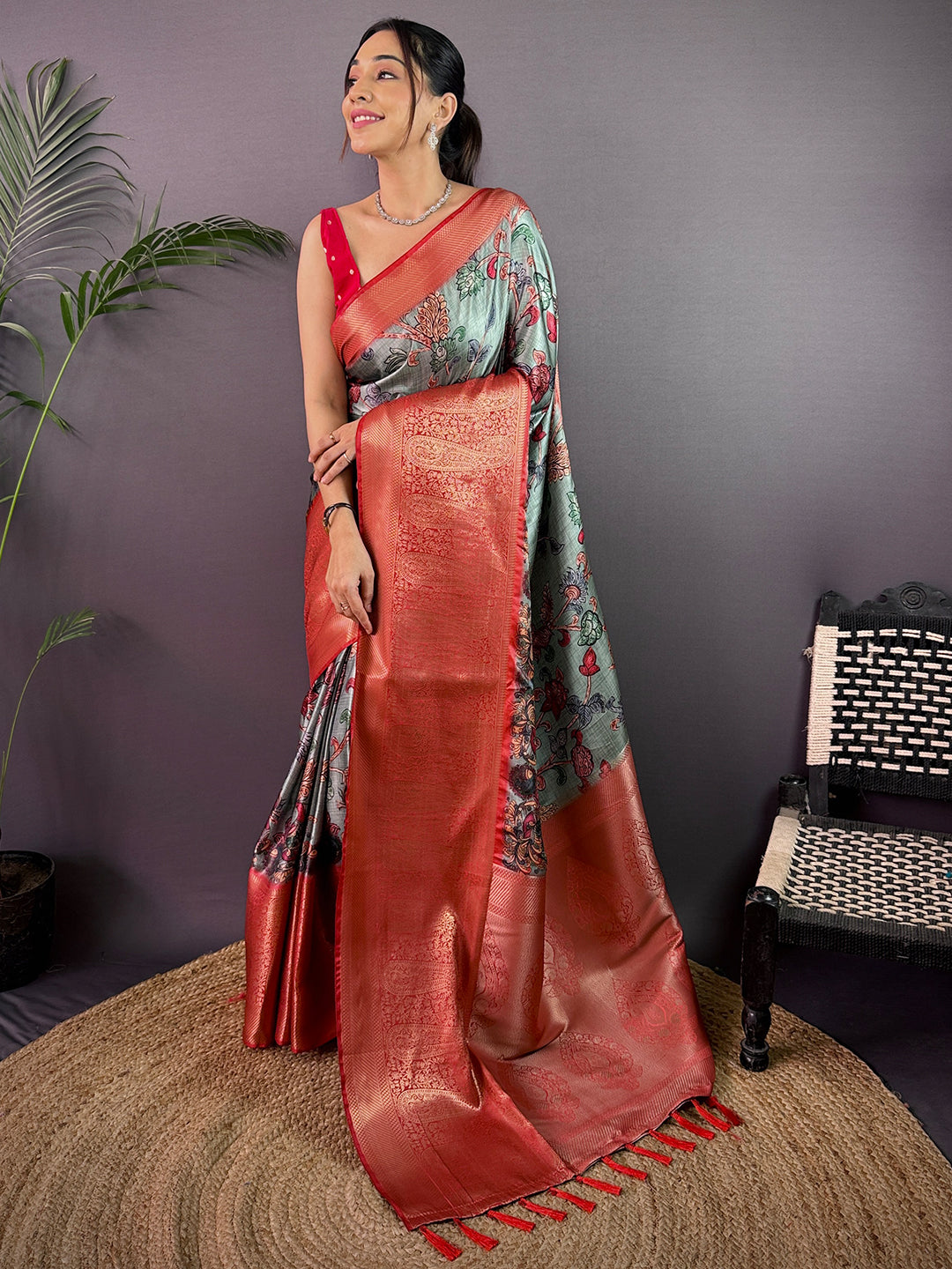 Sea Green Cherry Satin Kalamkari Saree by My Store
