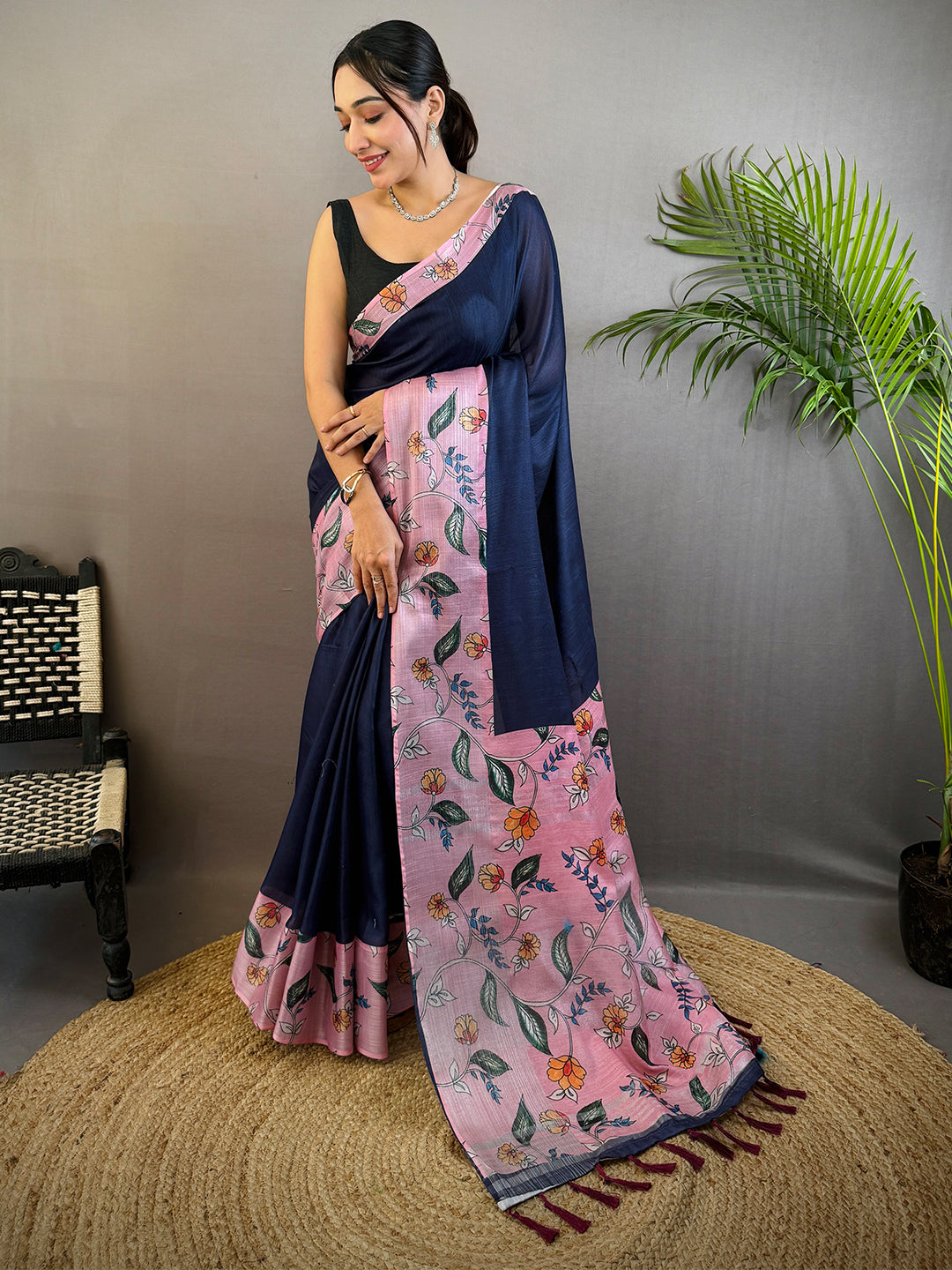 Navy Linen Kalamkari Print Saree by My Store