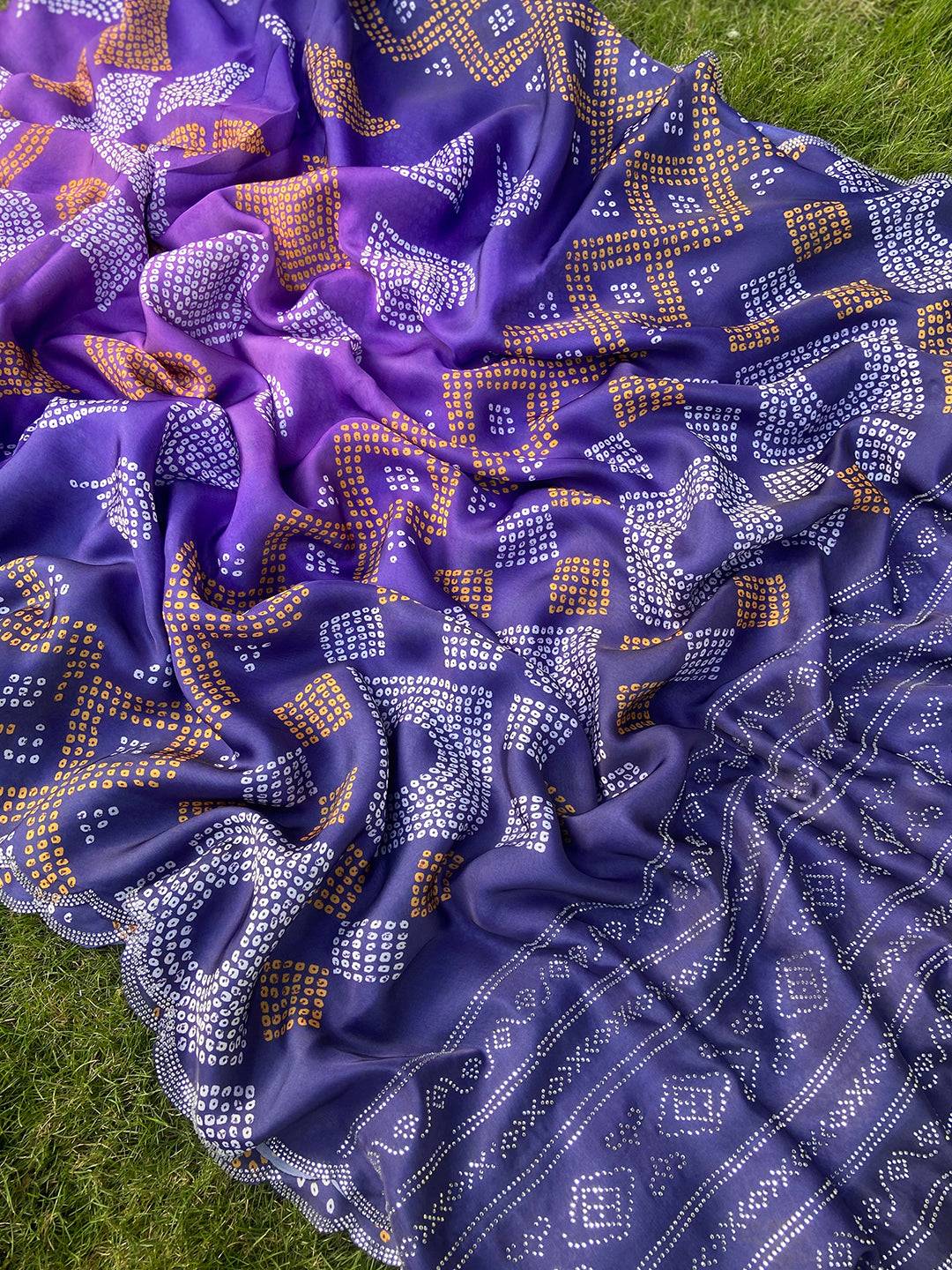 Indigo Georgette Silk Saree with Ombre Bandhej Print & Swaroski Stone Work by My Store
