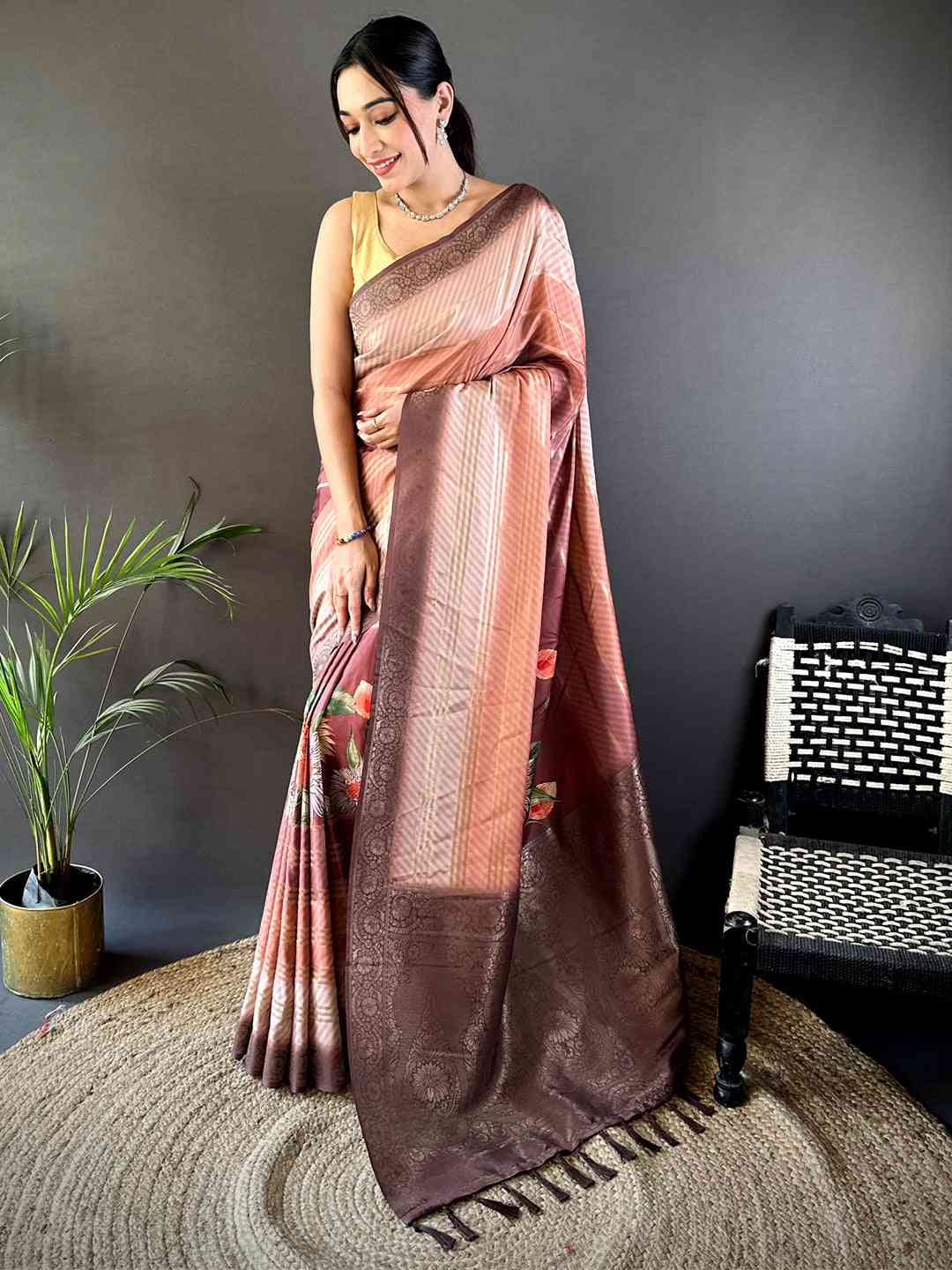 Rose Pink Kalamkari Ombre Crepe Silk Saree by My Store