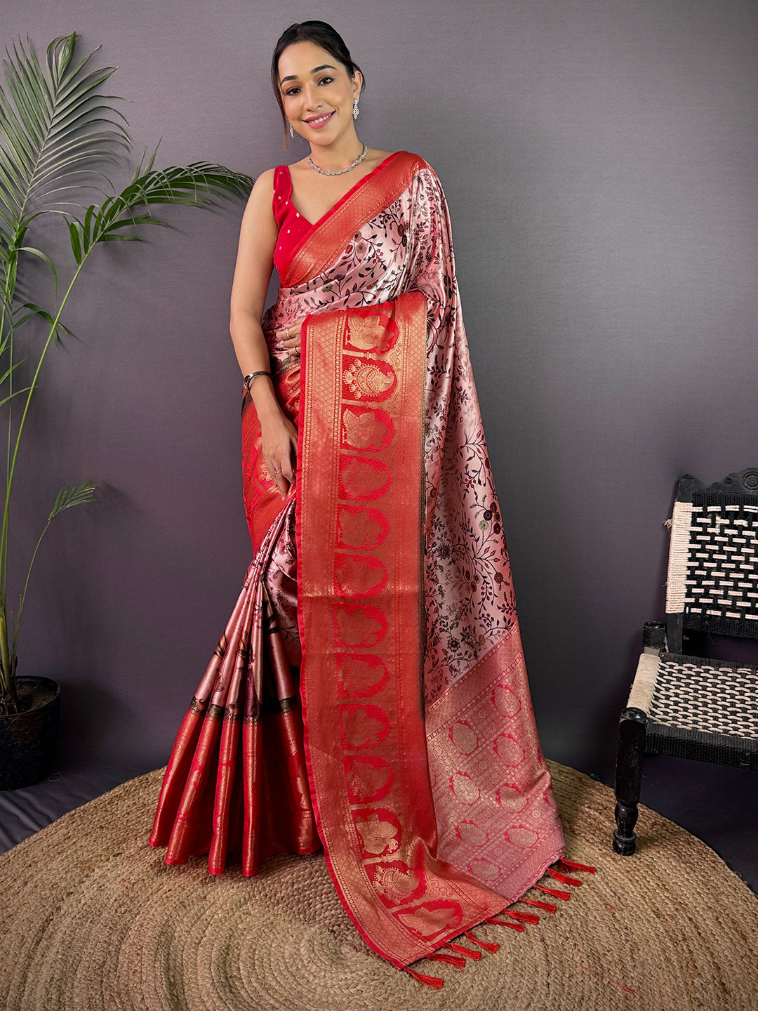 Radiant Soft Cherry Satin Kalamkari Print Saree by My Store