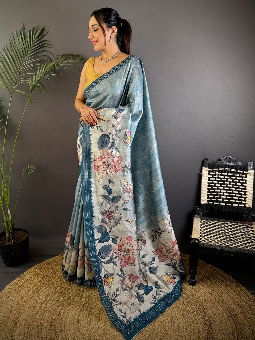 Blue Soft Tussar Silk Digital Floral Saree