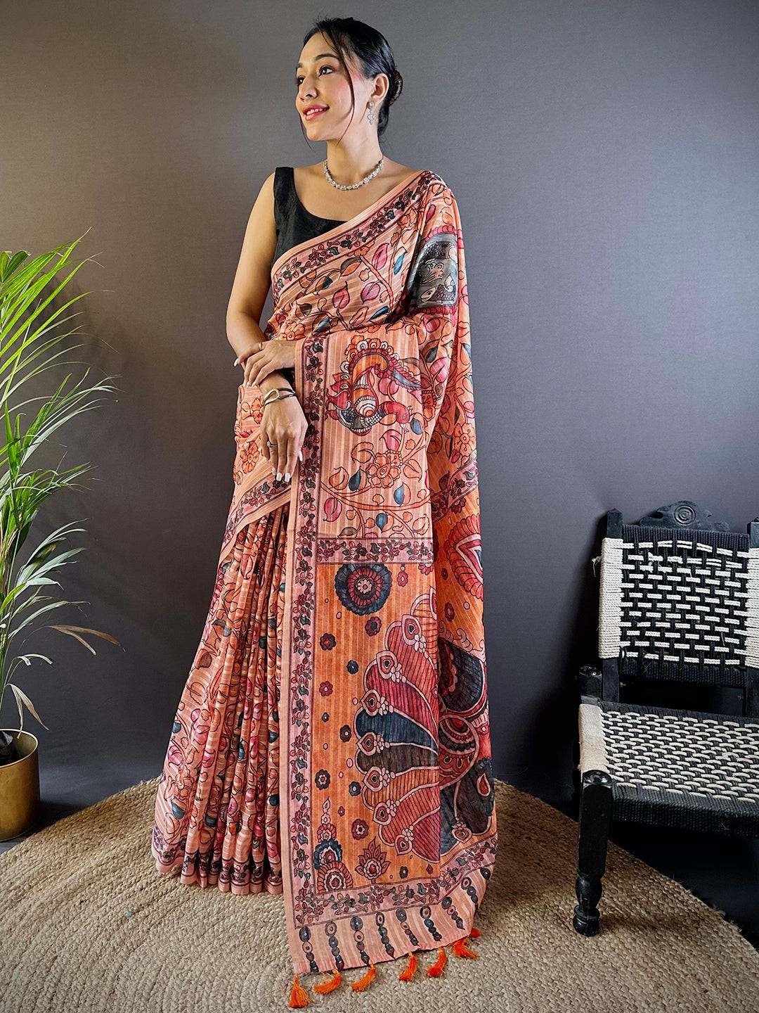 Peach Blossom Kalamkari Saree by My Store