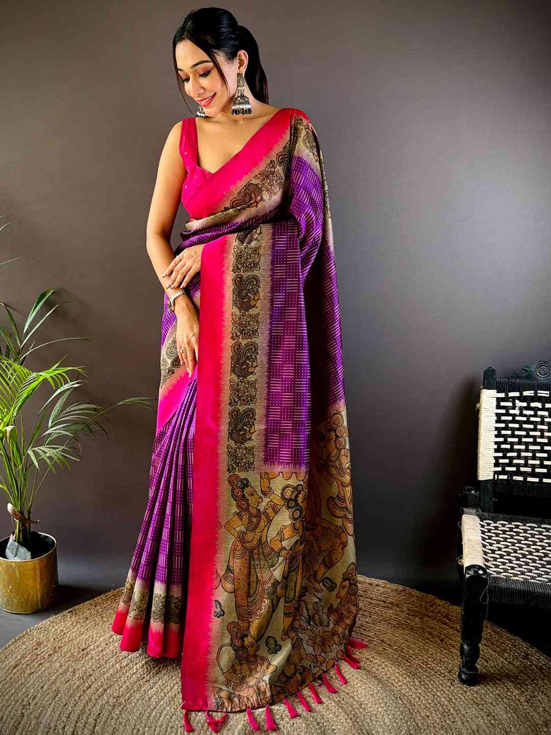 Purple Soft Silk Kalamkari Pallu Saree by My Store